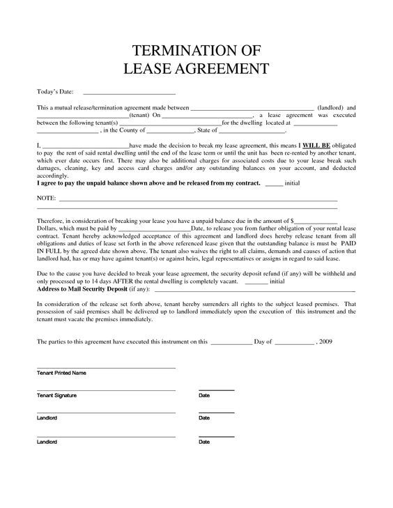 Termination Of Lease Agreement Form Free Printable Documents Lease 