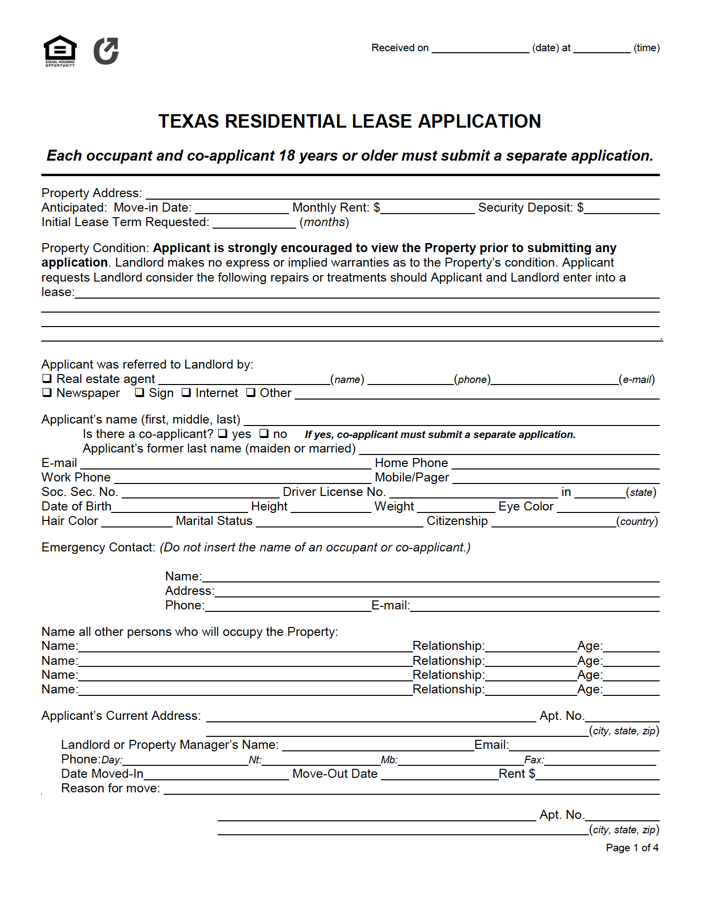 Texas Residential Lease Application Rental Application Application 
