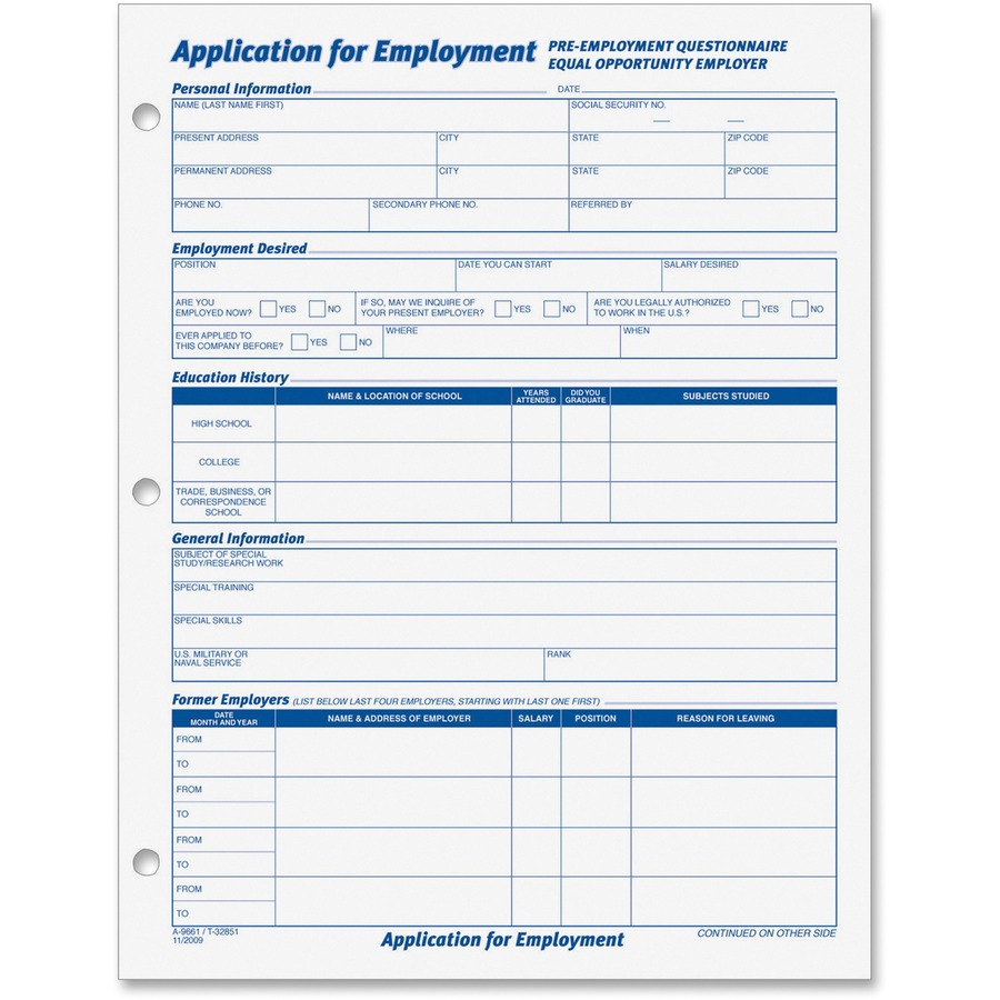 TOPS Employment Application Forms 50 Sheet s Gummed 8 1 2 X 11 