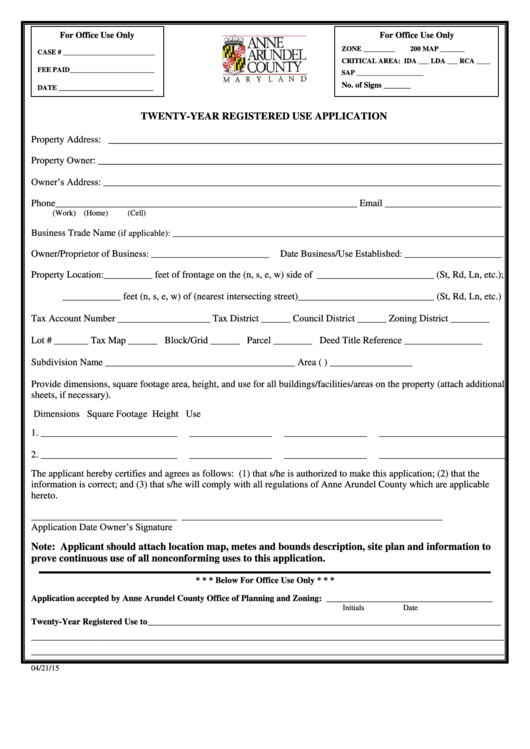 Twenty Year Registered Use Application Form Anne Arundel County 