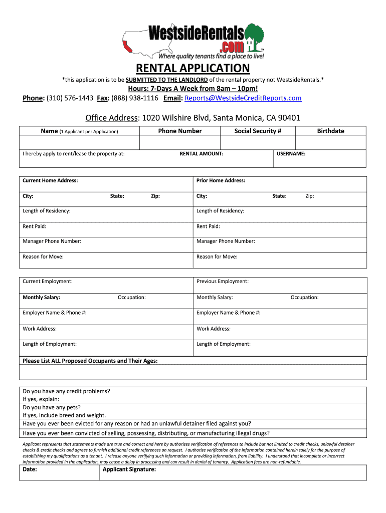 Westside Rentals Application Form Fill Online Printable Fillable 